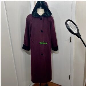 Vintage Forecaster of Boston Wool Maxi Coat Maroon with Hood Black Velvet trim